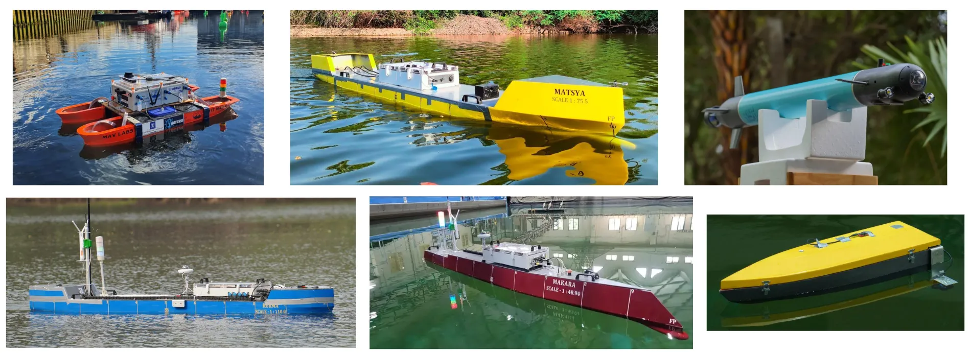Collage of MAV Lab autonomous surface and underwater vehicles including Matsya and Makara scale models